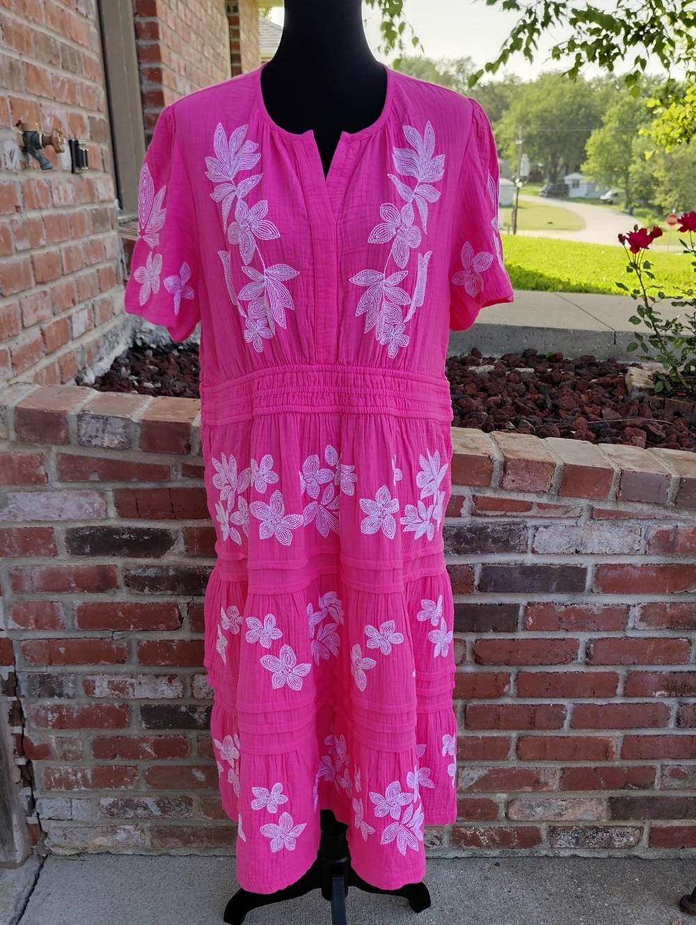 Drapers and Damons 100% Cotton Gauze Floral Embroidered Pink Midi Dress Size LP